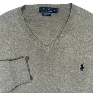 Polo Ralph Lauren Mens XL Gray V-Neck Sweater Pima Cotton Pullover Classic Fit